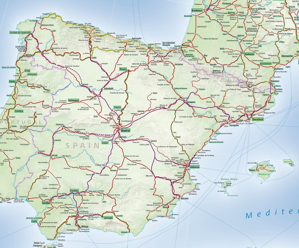 mapa Španělska, železniční