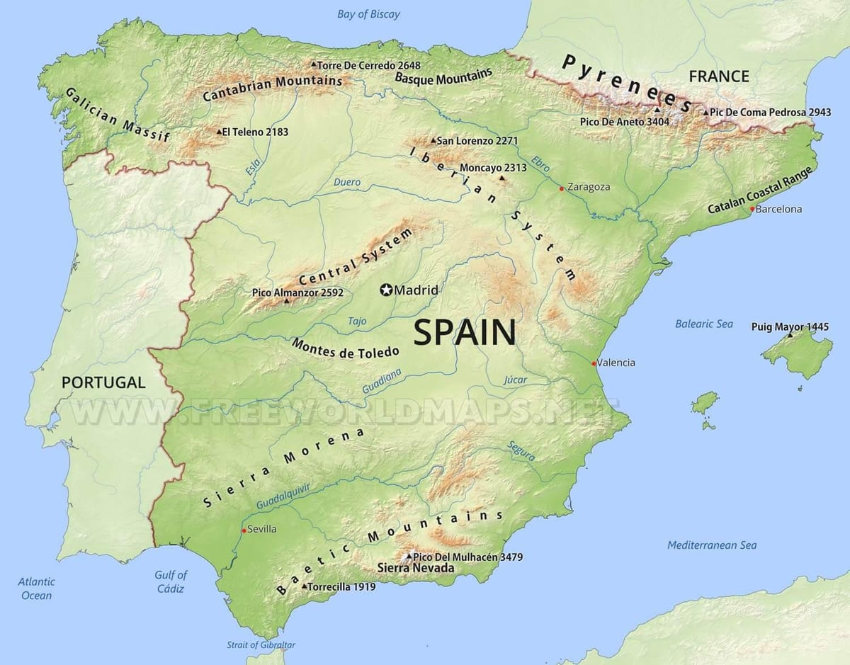 mapa Španělska hory