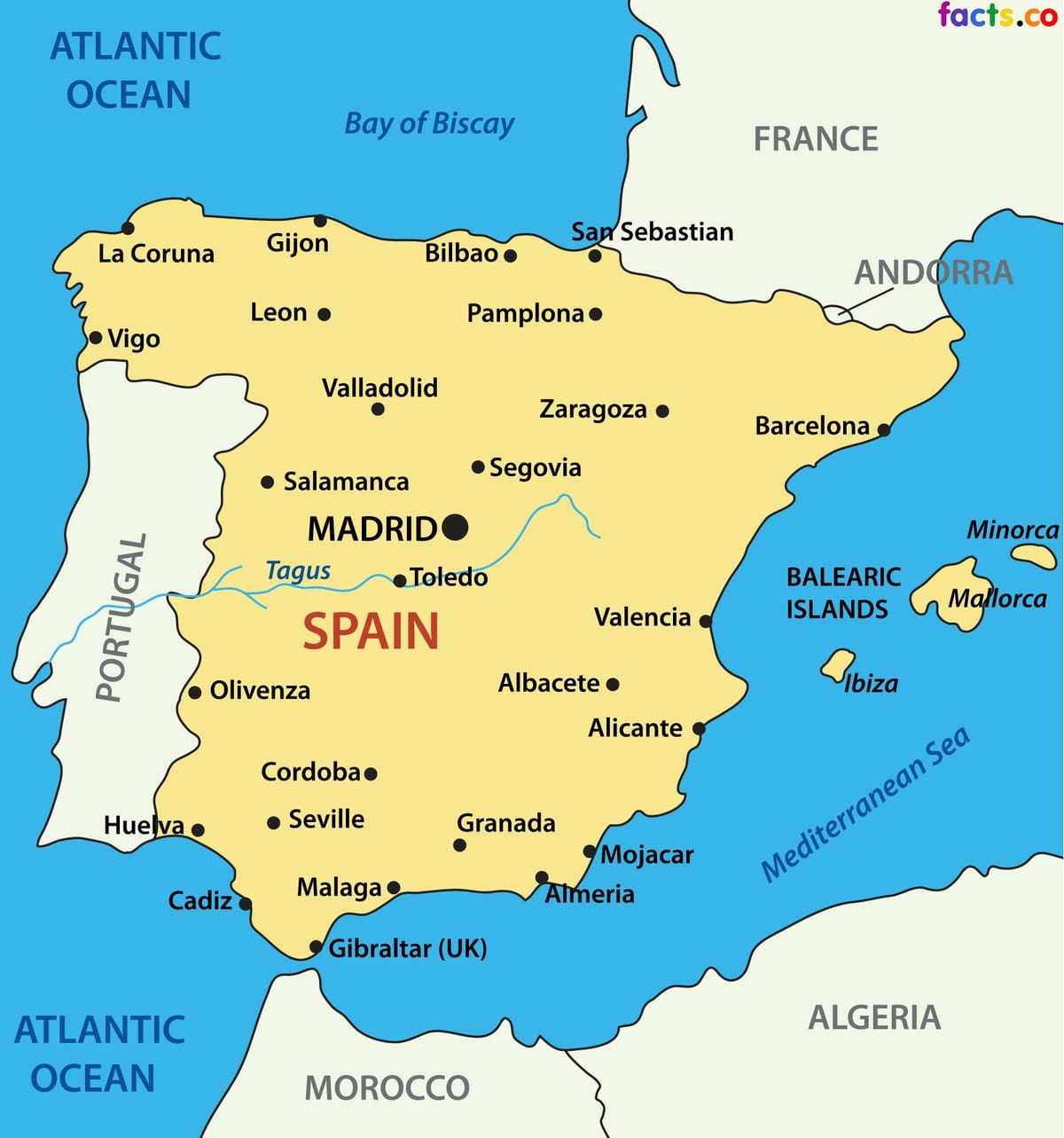 mapa Španělska ukazuje, města