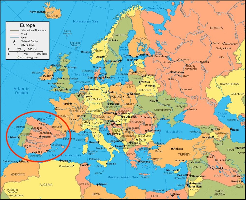 mapa Španělska a evropy