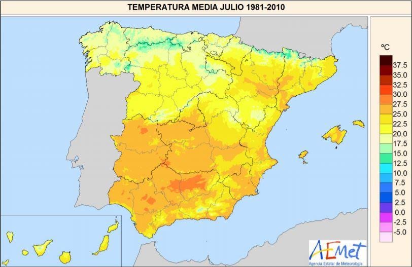 mapa Španělska teplota