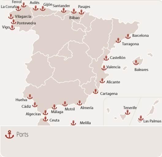 trajektové přístavy ve Španělsku mapě