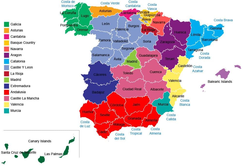 Španělsko mapa regionů, provincií