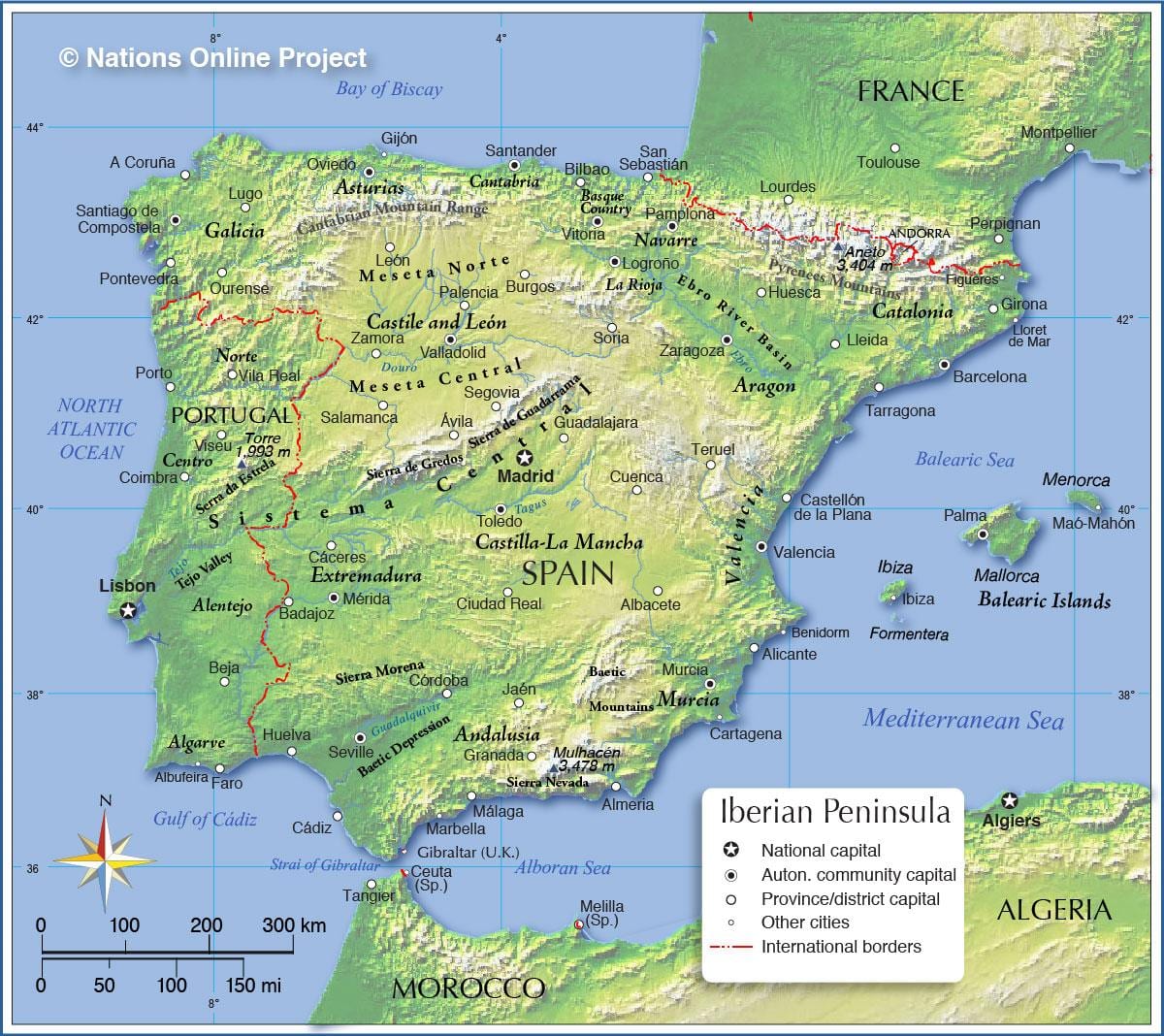 mapa Španělska topografické