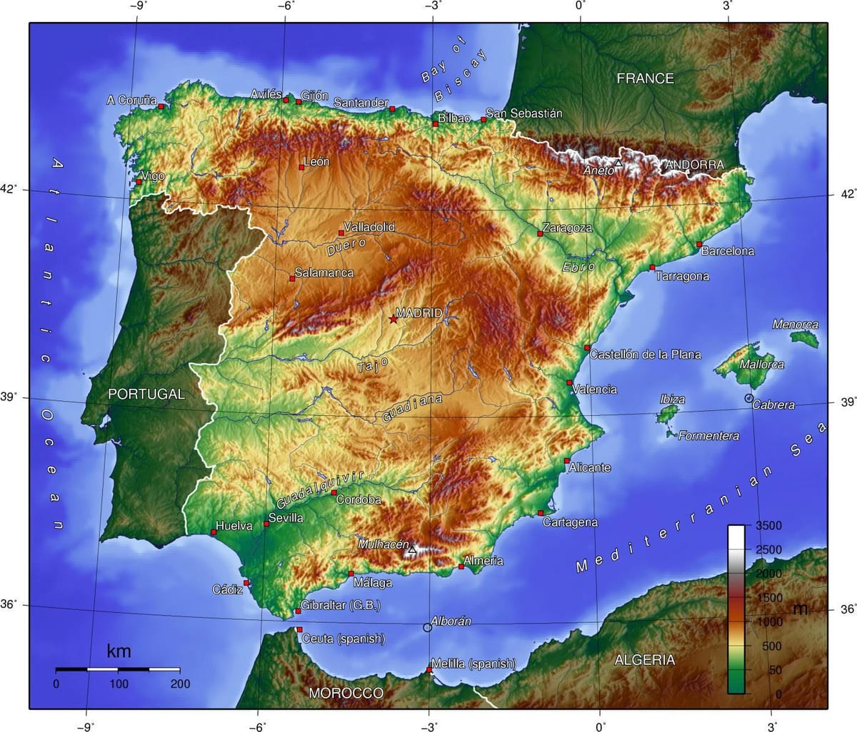 mapa Španělska nadmořská výška
