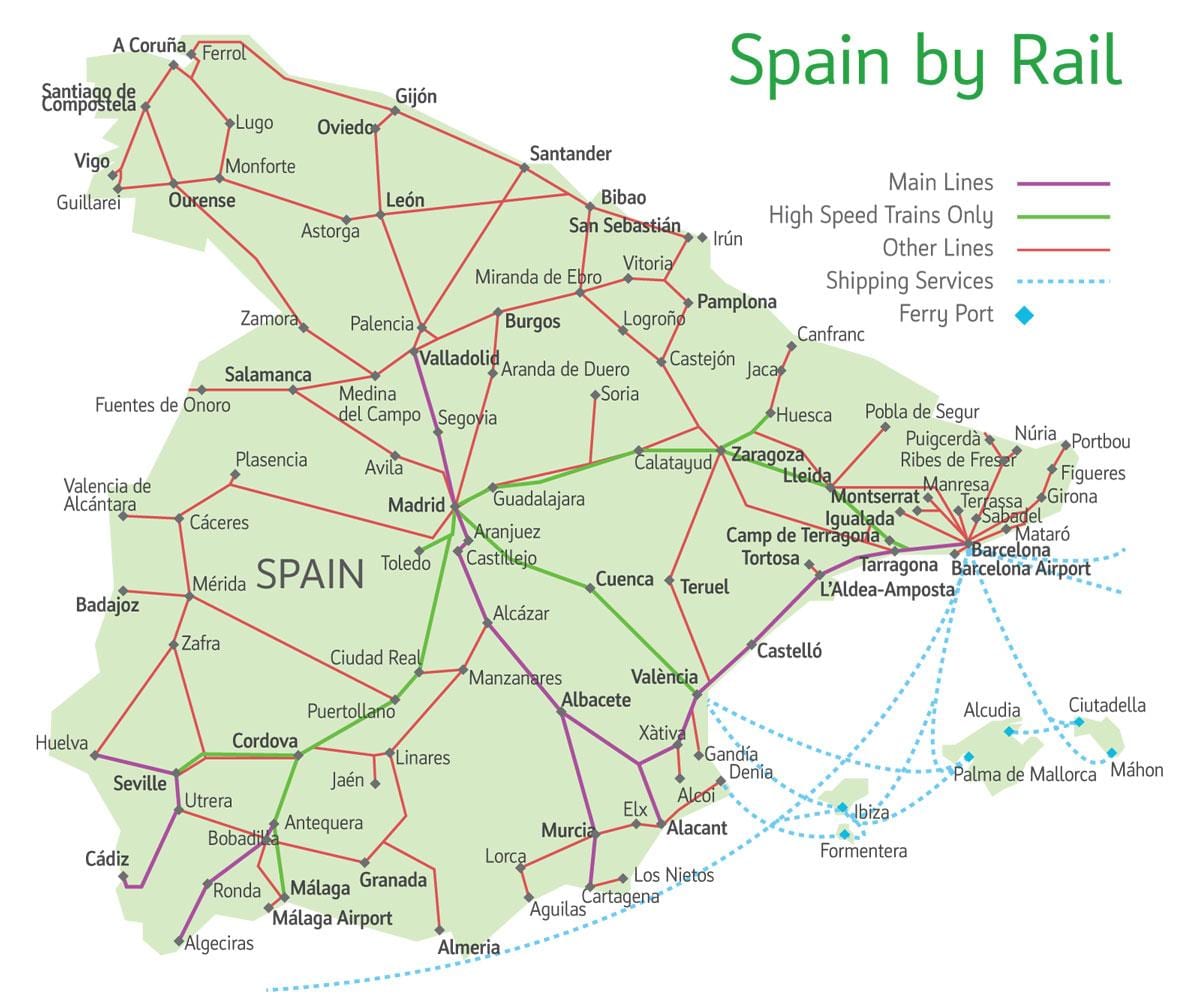 mapa tras vlaků ve Španělsku