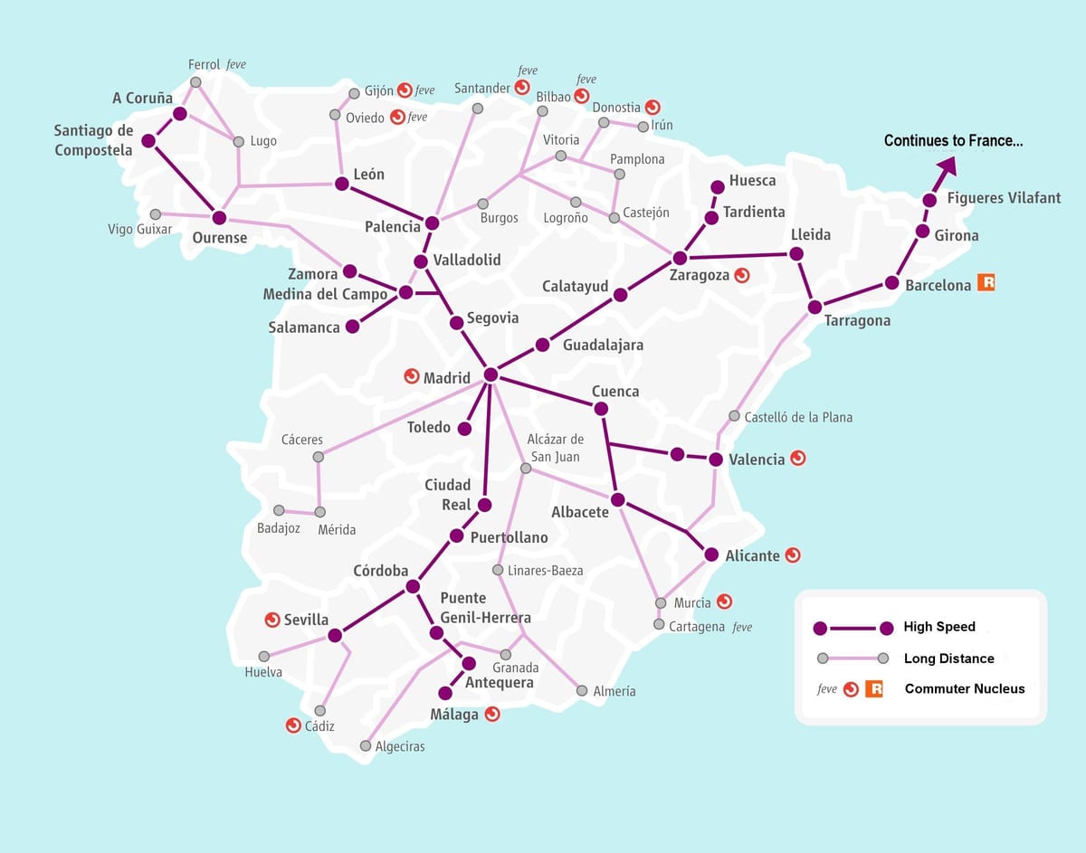 Španělska, železniční mapa renfe