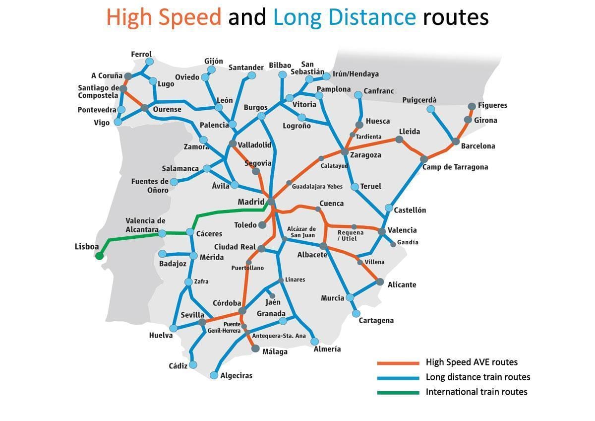 Španělsko vysokorychlostní vlak mapě