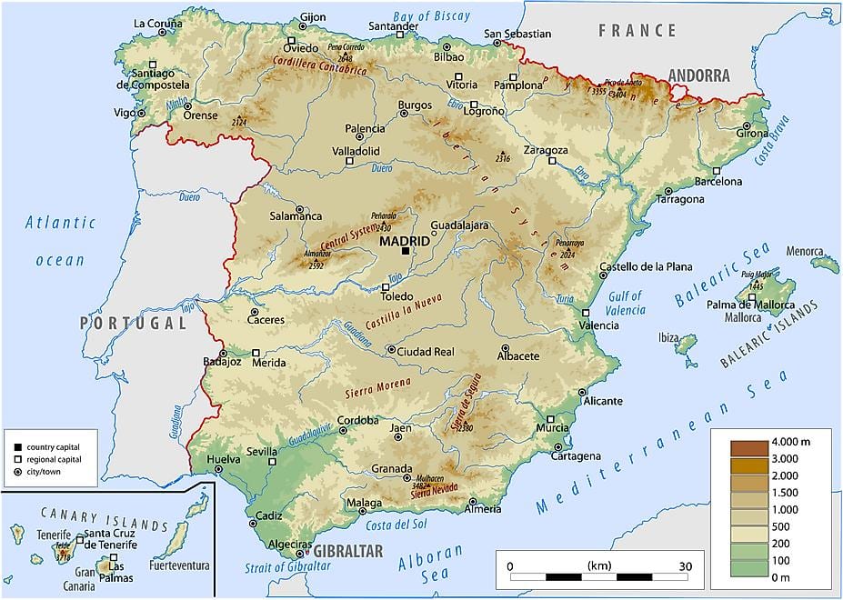fyzická mapa Španělska
