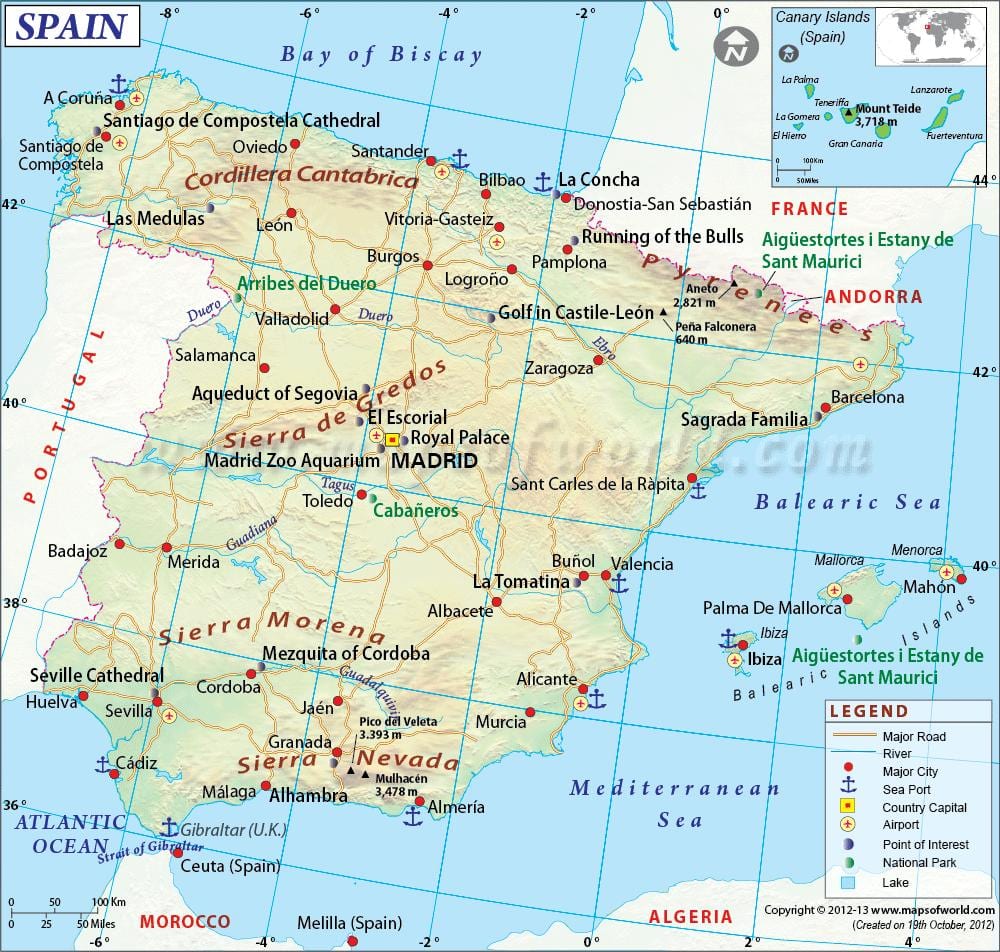 mapa Španělska ukazuje velkých městech