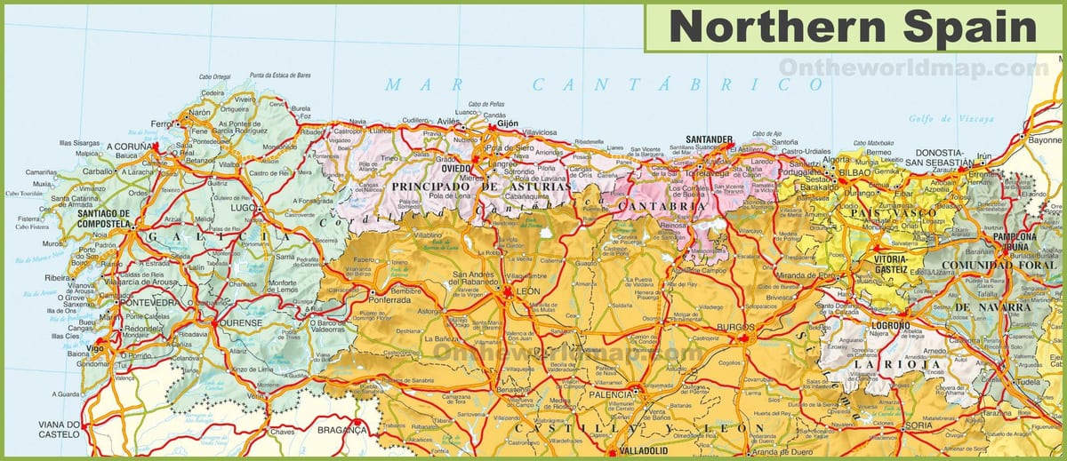 mapa severní Španělsko s městy