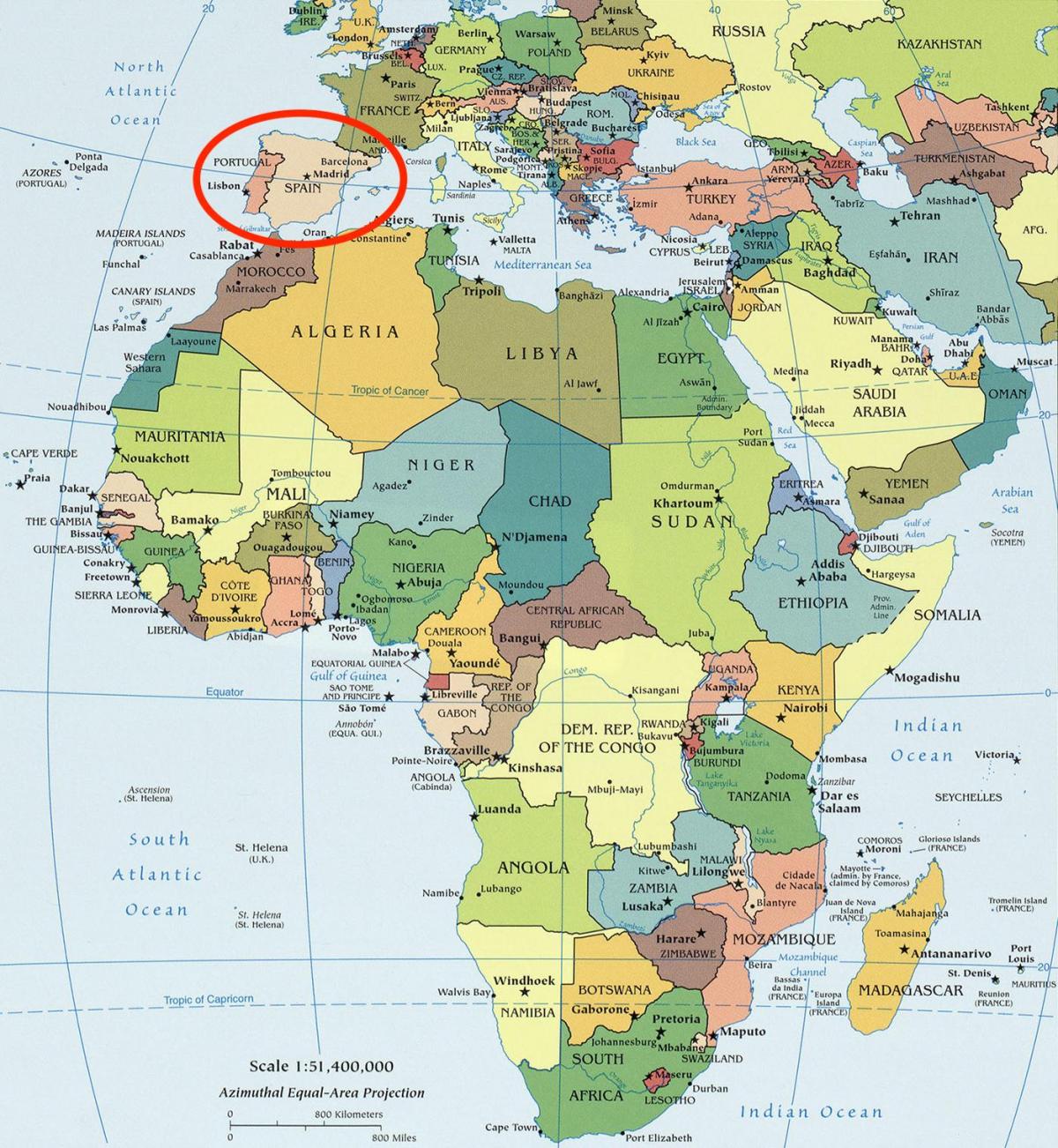 afrika a Španělsko mapě