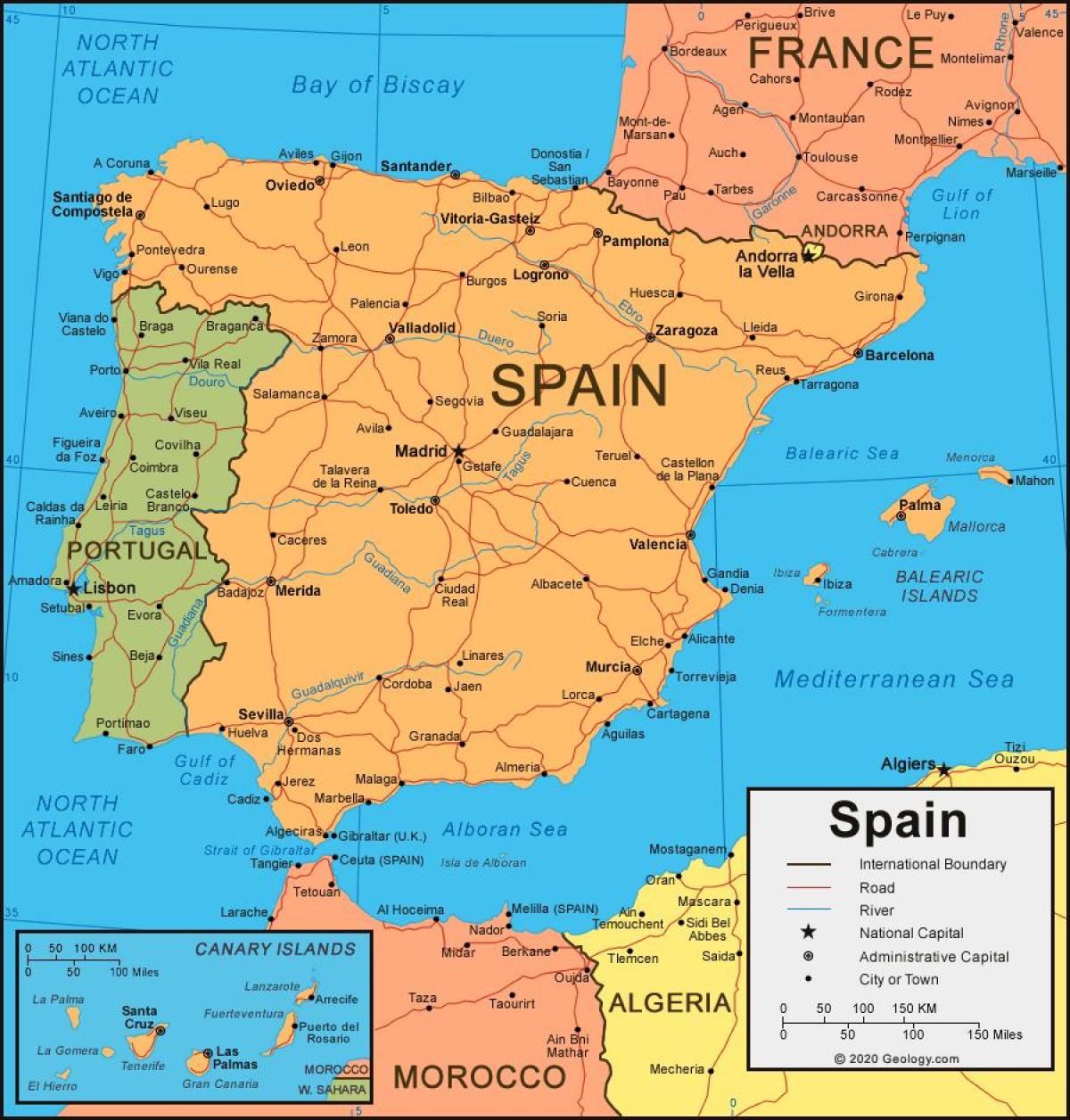 mapa Španělska a sousedních zemí