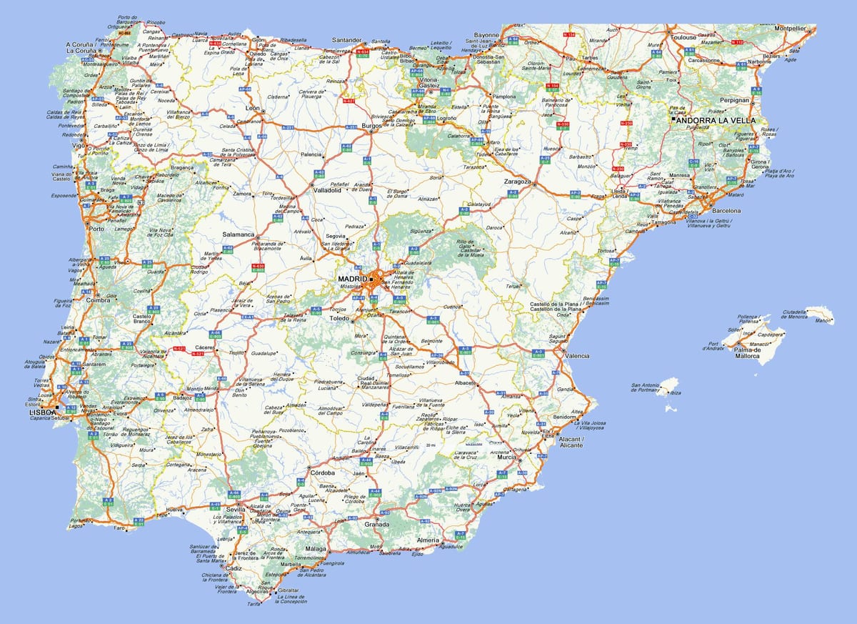 silniční mapa Španělska s městy