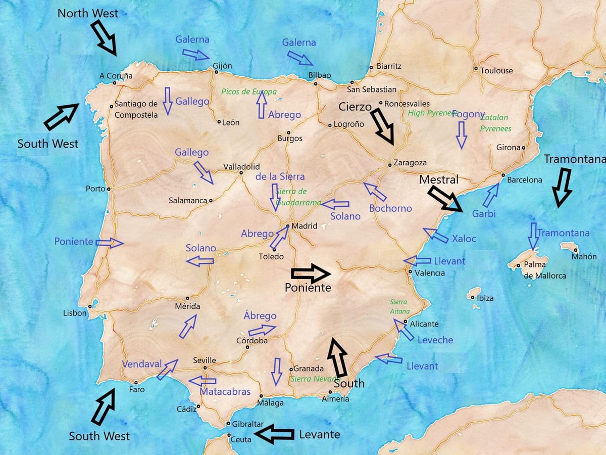 mapa Španělska vítr