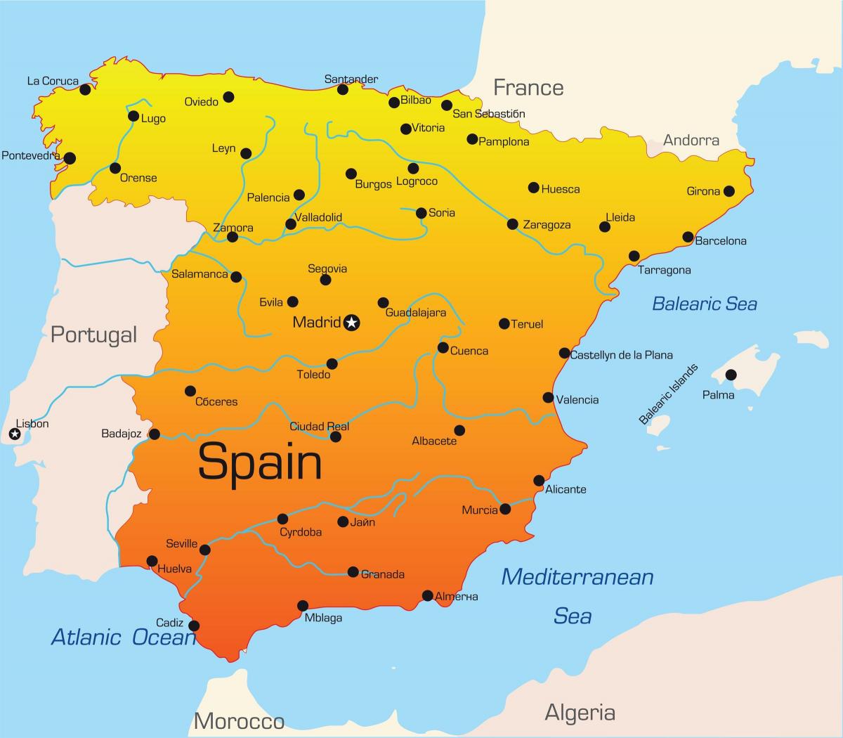 prázdninové destinace ve Španělsku mapě