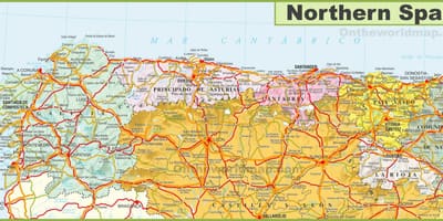 Mapa severní Španělsko s městy